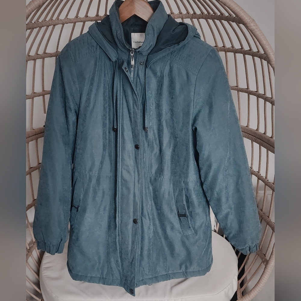 Croft & Borrow Womens Teal Winter  Coat Hood Zip/ Snap Close Lined Pockets Sz M